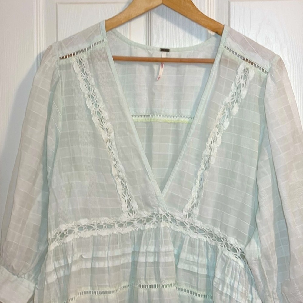 Free People Time Out Plaid Lace Trim Tunic, 
super subtle green hue, Medium - Picture 2 of 8